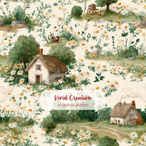 May include: Watercolor seamless pattern featuring a quaint cottage scene with a thatched roof, surrounded by daisies and lush greenery. A cart and a cow are also visible. The text "Vivid Creation seamless pattern" is displayed.
