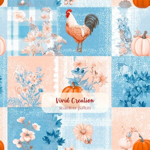May include: A seamless pattern featuring a rooster, pumpkins, and floral arrangements in a patchwork design. The color palette includes shades of orange, peach, and blue. The text "Vivid Creation seamless pattern" is visible.