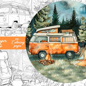20+ Camping site Coloring Pages | Adult And Kids Coloring Book|  Camping van travel Coloring Sheets | Instant Download | Printable PDF File
