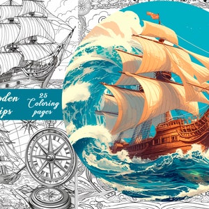 25 Wooden ships Coloring Pages | Adult And Kids Coloring Book|  Travel Coloring Sheets | Instant Download | Printable PDF File