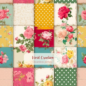 May include: A patchwork design with floral and polka dot patterns. The squares display roses and other flowers in pink, yellow, and red, set against teal, gold, and cream backgrounds. The text "Vivid Creation seamless pattern" is visible, creating a vintage aesthetic.