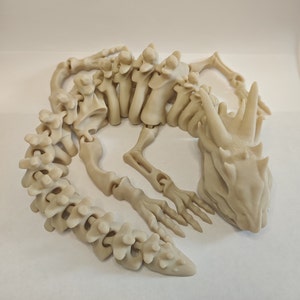 May include: A beige articulated plastic dinosaur skeleton with a long tail and a horned head.