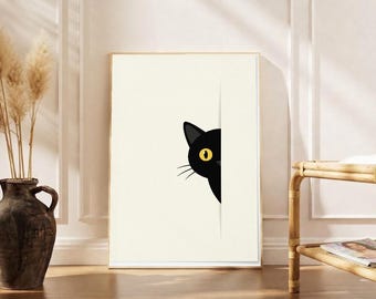 Minimalist Black Cat Wall Art, Cute Peekaboo Cat Print, Modern Animal Poster, Funny Cat Decor, Scandinavian Style Neutral Wall Art