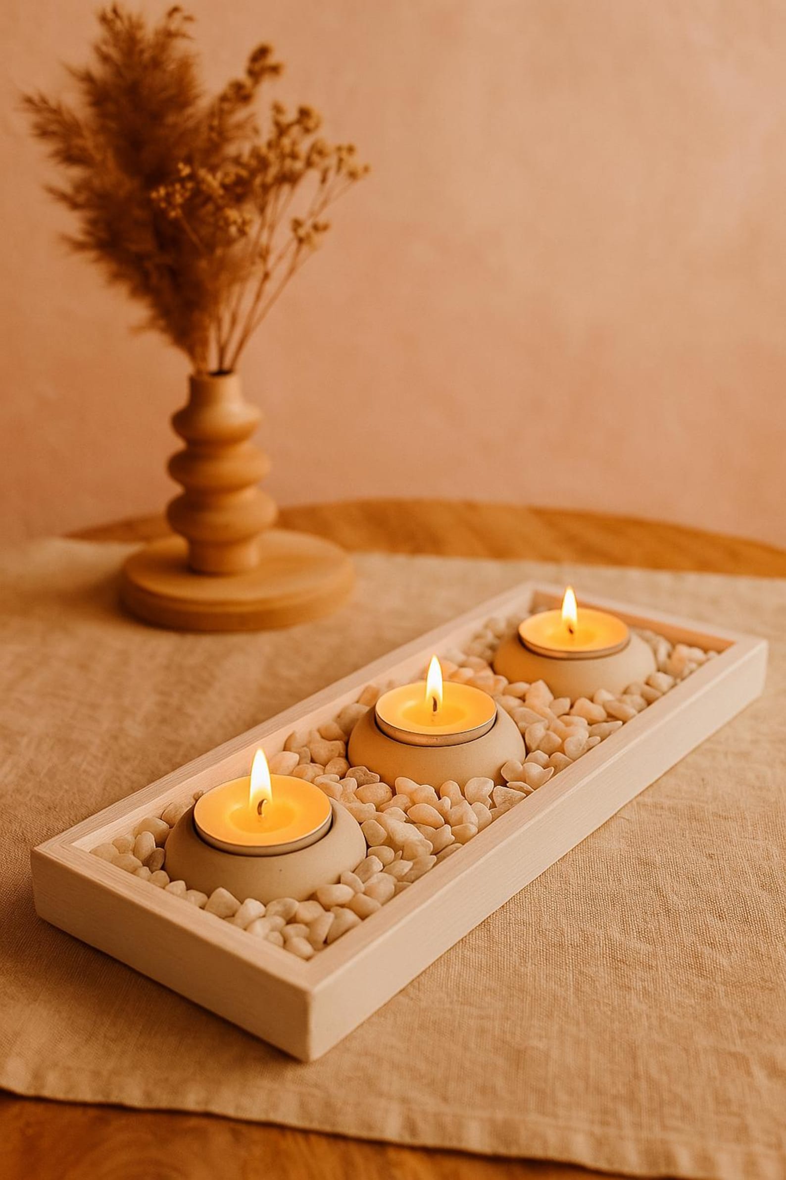 Handmade Concrete Candle Holder with Stones - Tealight Tray Decor