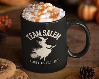 Witchy Black Mug with Team Salem Design, Unique Coffee Cup for Halloween Lovers, Gift for Witches, Spooky Home Decor, Perfect for Fall