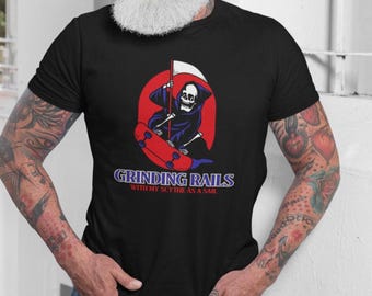 Grind Rails Tee - Skateboarding Humor Shirt, Unisex Graphic Tee, Halloween Gift, Casual Wear, Unique Skate T-Shirt, Grim Reaper shirt