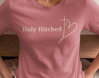 Christian Marriage Tee, Holy Hitched, cadeau jonggehuwden, jubileumshirt, trouwkleding, christelijk cadeau-idee, idee huwelijkscadeau Jezus T-shirt