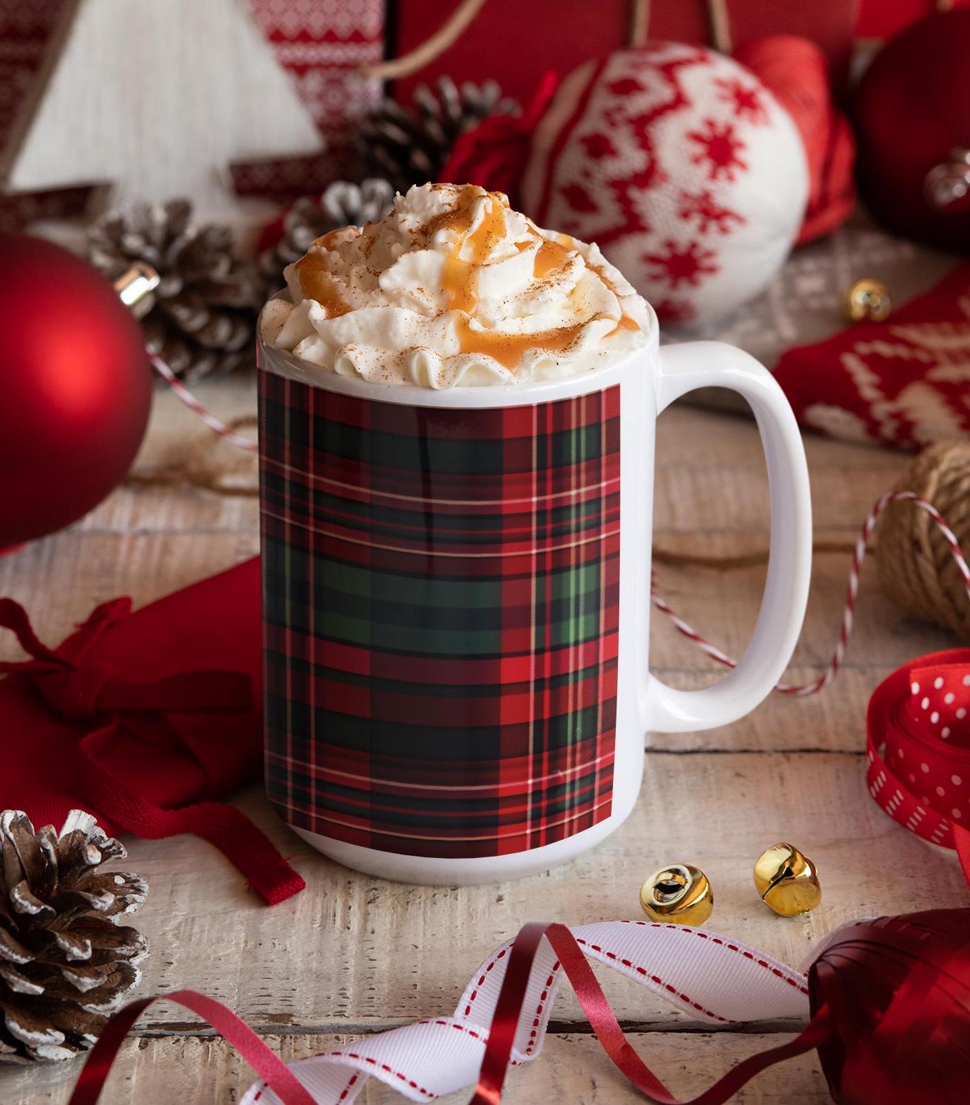 Personalized Name Christmas Mug - 11oz Red Plaid Flannel Design Coffee Cup Gift