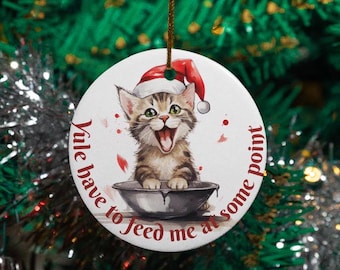 Julklappstips, måste mata mig någon gång. Rolig katt, julgransprydnad, Katt, Julgransprydnad