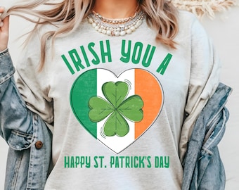 Camiseta unissex com bandeira irlandesa e coração do dia de São Patrício, camiseta do dia de São Patrício, camiseta da herança irlandesa, blusa de trevo de trevo, vestuário do orgulho irlandês, Lucky