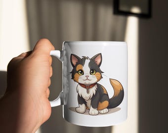 Calico cat Mug 11oz, cute calico cartoon kitten, calico cat art, calico kitten art, calico cartoon