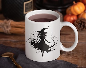 Taza de cerámica de bruja caprichosa, regalo único de Halloween para amigos, regalo para amantes de las brujas, taza de bruja mágica, silueta de bruja, regalo de Halloween