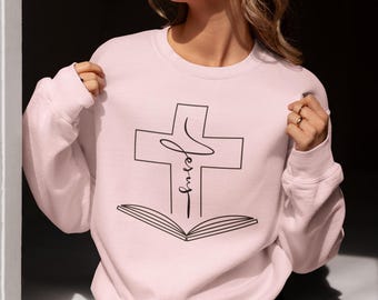 Kristen tros-tröja, inspirerande gåva, religiös klädsel, bibelvers, unisextröja, mysig tröja, förenklat Jesuskors