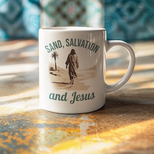 Religious Ceramic Mug, Sand Salvation and Jesus Coffee Cup, Christian Gift, Inspirational Tea Mug, Religious Drinkware, Faith-Based Kitchen