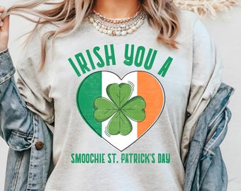 Camiseta unissex com bandeira irlandesa e coração do dia de São Patrício, camiseta do dia de São Patrício, camiseta da herança irlandesa, blusa de trevo de trevo, vestuário do orgulho irlandês, Lucky