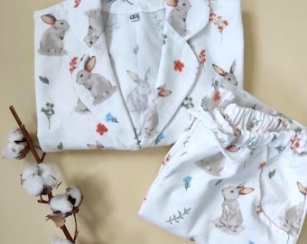 Flannel Pajamas – Women's Bunny Print Sleeping Suit, Cozy Home Set