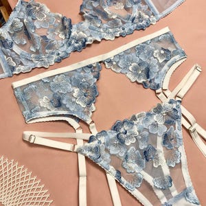Sheer and Elegant Floral Lingerie Set - Bra,Belt and Panty Set - Handmade Blue Lingerie with Flowers