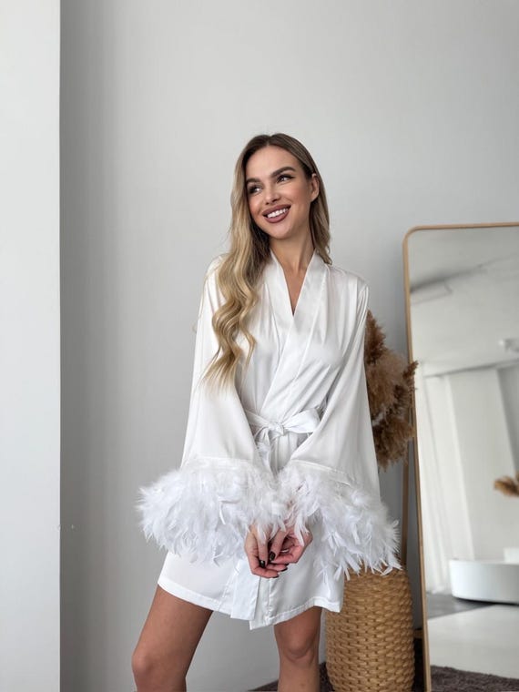 Piume Vestaglia Raso Nero Kimono Con Piume Vestaglia In Seta