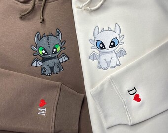 Couple Matching Hoodie Embroidered Lovely Dragon's Personalised Sweatshirt Custom Gift Sleeve Embroidery Initial