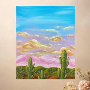 Desert Sunset - Colorful Sunset Sky, Cactus Landscape Scenery, Nature Aesthetic - Acrylic Painting on Canvas