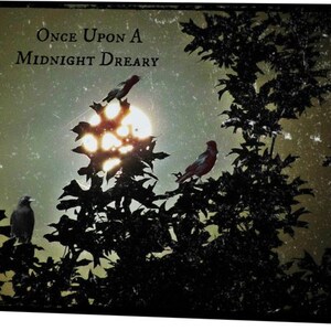 May include: A dark, vintage-style image of a tree with a large, bright moon shining through the branches. The text 'Once Upon A Midnight Dreary' is written at the top of the image. There are three birds perched on the branches of the tree.