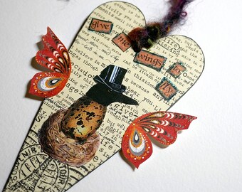 Crow Collage Heart Ornament - Handmade Corvid Art