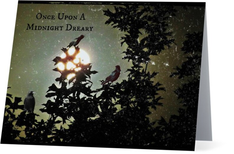 May include: A dark, vintage-style image of a tree with a large, bright moon shining through the branches. The text 'Once Upon A Midnight Dreary' is written at the top of the image. There are three birds perched on the branches of the tree.