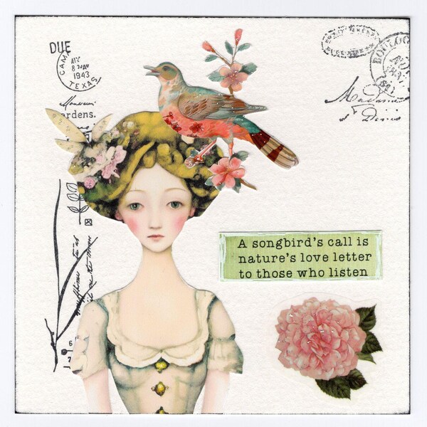 Original Miniature Mixed Media Collage - Whimsical Woman and Bird, 4x4 inches