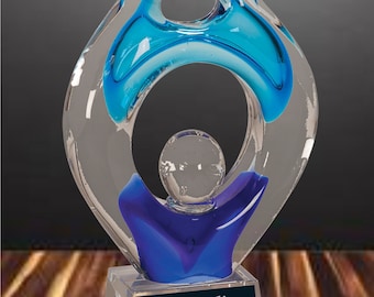Premio de escultura de vidrio soplado hecho a mano con grabado personalizado de vidrio artístico ganador de 10 1/4 pulg.