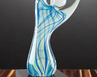 Vidrio artístico con brazos levantados de 9 pulg. con base negra cuadrada, premio de escultura de vidrio soplado hecho a mano con grabado personalizado