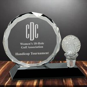 Round Facet Crystal with Golf Ball on Black Pedestal Base Custom Engraved Handmade Crystal Sculpture Award
