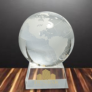 Crystal Globe on Clear Base Custom Engraved Handmade Crystal Sculpture Award