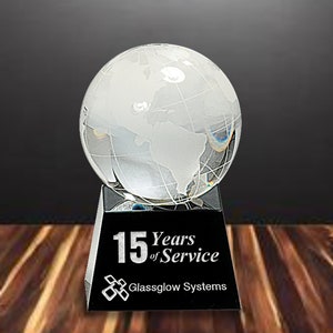 Crystal Globe on Black Base Custom Engraved Handmade Crystal Sculpture Award