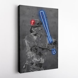 May include: A black and white illustration of a baseball player holding a blue neon baseball bat. The player is wearing a baseball cap with a red "T" on it. The background is a gray concrete texture.