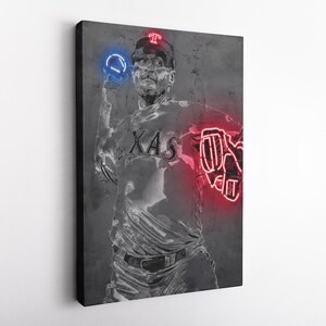 May include: A black and white illustration of a baseball player wearing a Texas Rangers jersey with a red neon glove and a blue neon baseball. The background is a gray concrete wall.