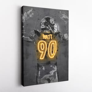 T.J. Watt Neon Poster - Pittsburgh Steelers NFL Canvas Print, Framed Wall Art, Kids&#39; Room, Man Cave, Fan Gift, Home Decor