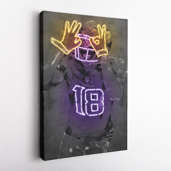 Justin Jefferson Poster Neon Minnesota Vikings NFL Hand Made Poster Canvas Framed Print Wall Kids Art Man Cave Gift Home Decor