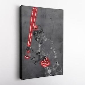 May include: A black and white illustration of a baseball player holding a red neon baseball bat. The player is wearing a baseball cap with the letter "M" on it and a jersey with the number "14" on it.