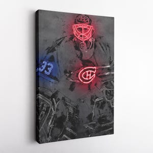 May include: A black and white abstract art print of a hockey player wearing a red and blue neon helmet with the letters "C" and "H" in neon red. The player is wearing a jersey with the number "33" in neon blue.