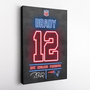 Tom Brady New England Patriots Jersey Neon Art Canvas Print - NFL Wall Art, Football Decor for Home & Man Cave, Framed Poster