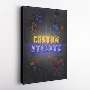 May include: A digital art print featuring four athletes in a collage style. The athletes are silhouetted in black and white, with neon accents. The text "CUSTOM ATHLETE" is displayed in yellow and blue neon.