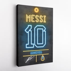 Lionel Messi #10 Argentina Jersey Neon Art Canvas Print - Soccer Wall Art, Football Decor for Home & Man Cave, Framed Poster