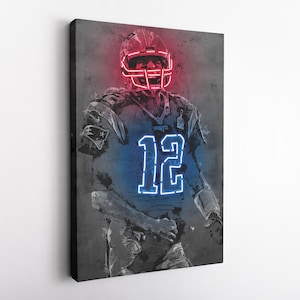 Tom Brady Poster Neon New England Patriots NFL Hand Made Poster Canvas Framed Print Wall Kids Art Man Cave Gift Home Decor
