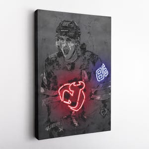 May include: A black and white digital art print of a hockey player wearing a jersey with the number 86 on the back. The player is wearing a helmet and has a red and white neon New Jersey Devils logo on the front of the jersey.