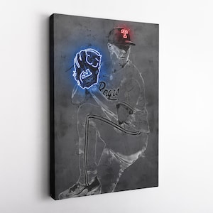 May include: A black and white illustration of a baseball player in a pitching stance. The player is wearing a baseball cap with a red "T" on it and a jersey with the word "Rangers" on it. The player's glove is outlined in blue.