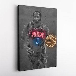 James Harden Poster Neon Philadelphia 76ers NBA Hand Made Poster Canvas Framed Print Wall Kids Art Man Cave Gift Home Decor