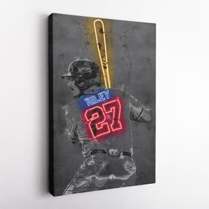 May include: A black and white illustration of a baseball player wearing a jersey with the name "RILEY" and the number "27" in neon red and blue. The player is holding a yellow neon baseball bat.