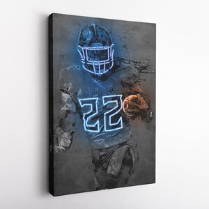 May include: A digital art print of a football player wearing a blue and white uniform with the number 22 in neon blue. The player is running with the ball in their hand. The background is a gray concrete wall.