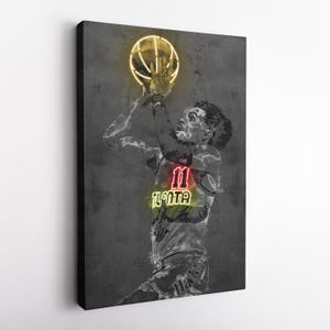 May include: A basketball player wearing a jersey with the number "11" and the word "HAWKS" on it, is jumping up to shoot a basketball. The basketball and the number "11" are outlined in neon yellow, and the word "HAWKS" is outlined in neon red.