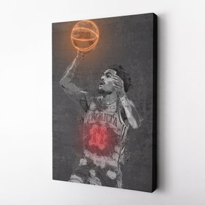 May include: A basketball player wearing a gray and red jersey with the word "ATLANTA" and the number "11" on the front. The player is jumping up to shoot a basketball. The basketball is orange and has a black and white design. The background is a gray and white textured surface.